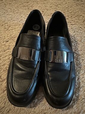 DKNY Black Leather Slip-On Loafers with Silver Hardware